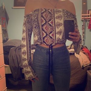 Tribal print off the shoulder long sleeve blouse